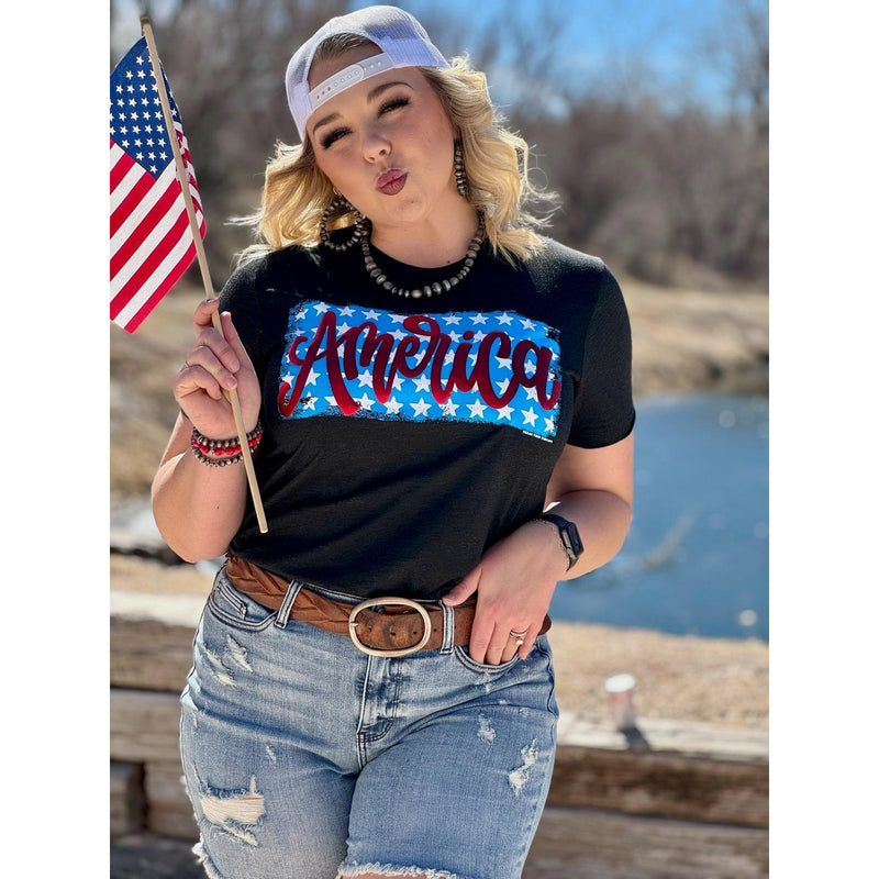 America on Stars in Red Metallic Puff Tee (XS-3XL)