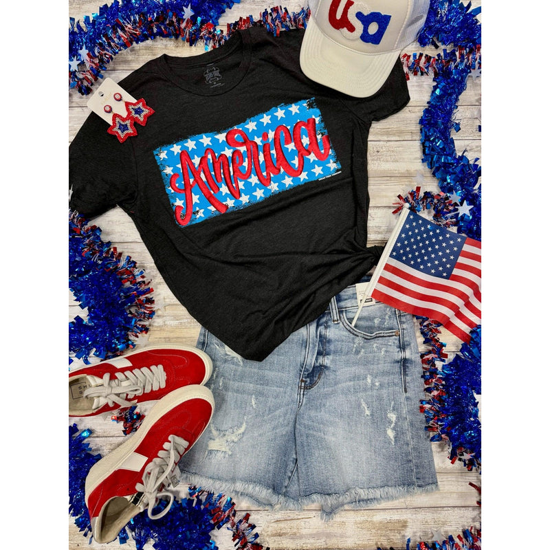 America on Stars in Red Metallic Puff Tee (XS-3XL)