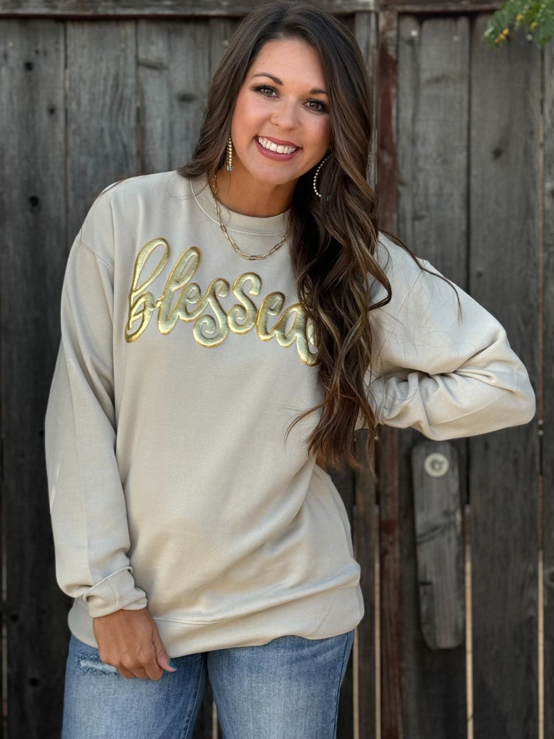 Blessed in Gold Metallic Puff Sweatshirt (S-3XL)