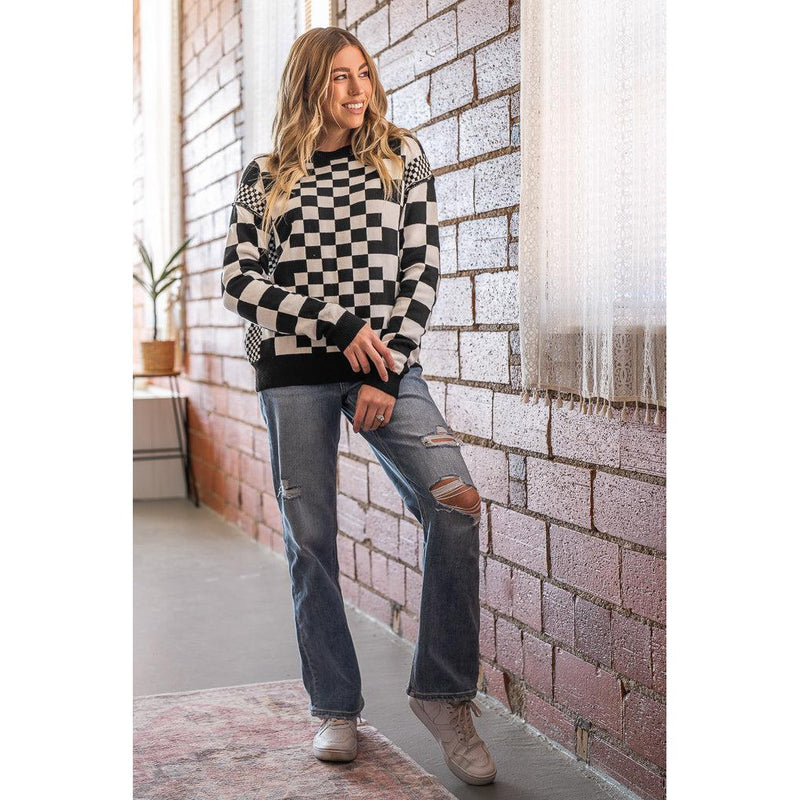 Black and White Checkered Print Sweater (S-XL)