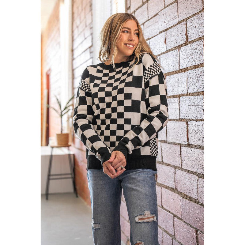 Black and White Checkered Print Sweater (S-XL)