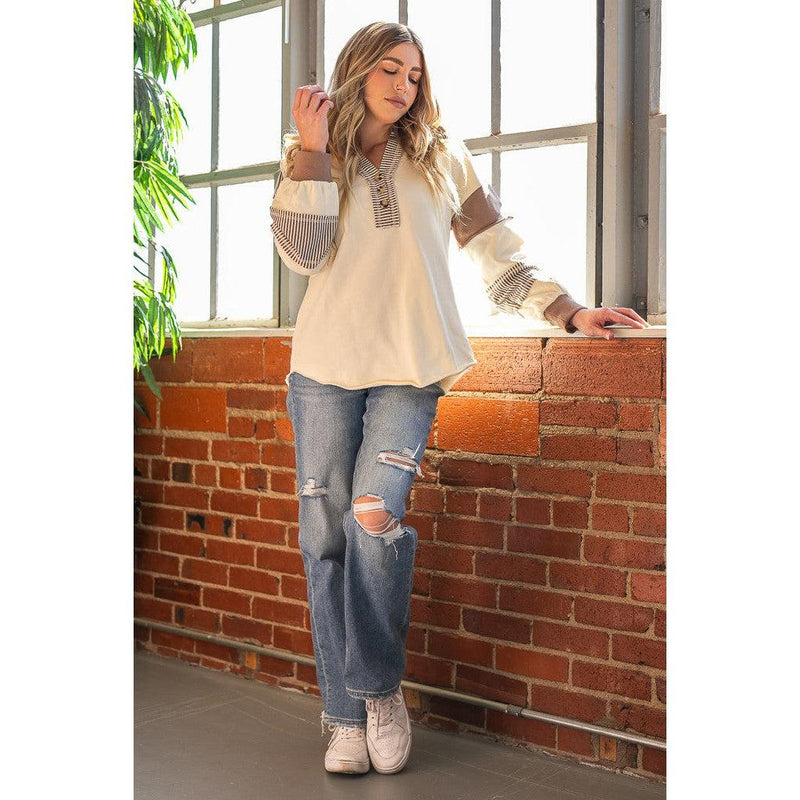 Ivory and Mocha Color Block Casual Top