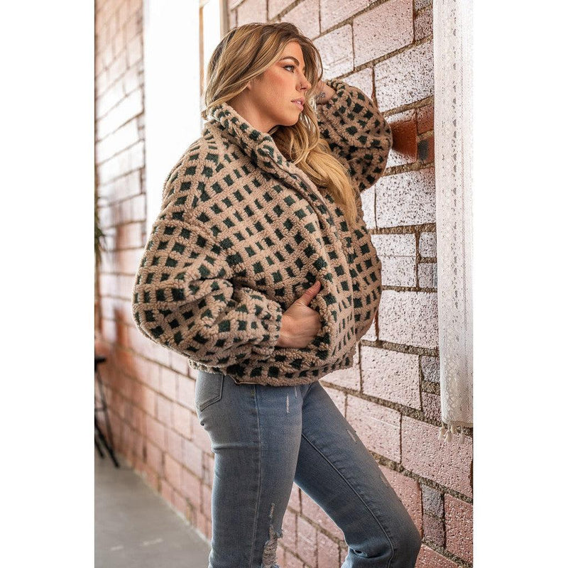 Taupe Checkered Fuzzy Sherpa Jacket