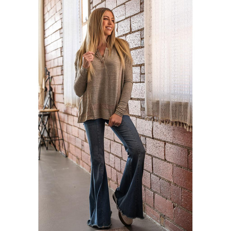 Light Taupe Henley Hacci Top with Lace Trim