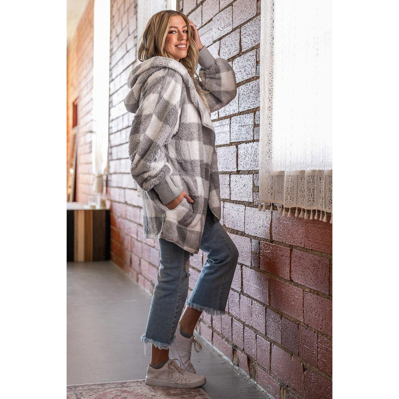 Cozy Plaid Sherpa Hoodie Cardigan (Grey or Mauve)