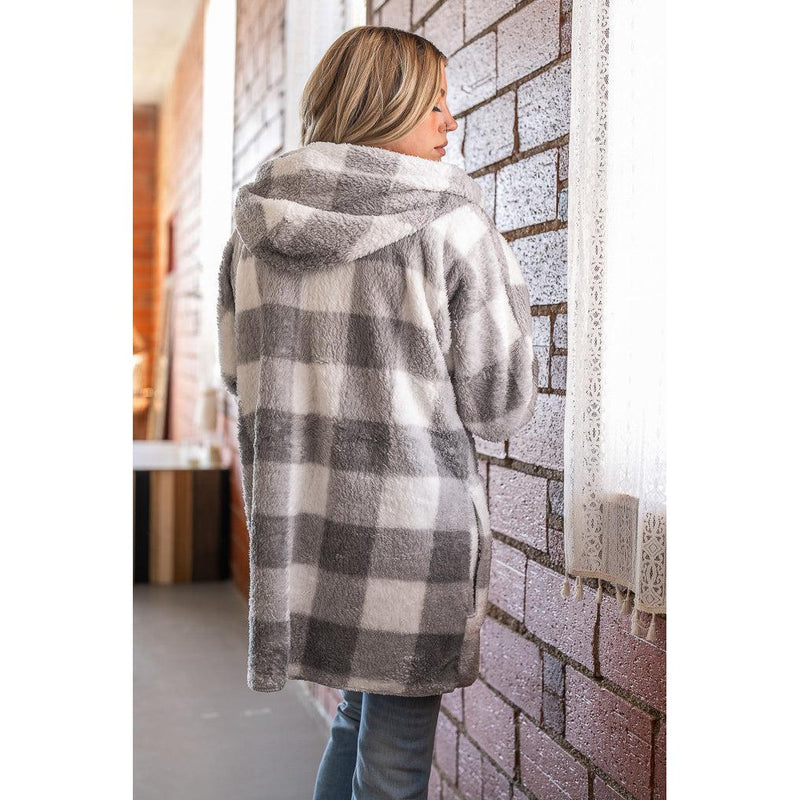 Cozy Plaid Sherpa Hoodie Cardigan (Grey or Mauve)