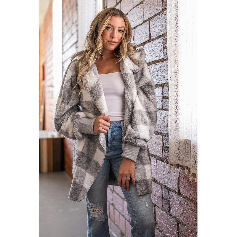 Cozy Plaid Sherpa Hoodie Cardigan (Grey or Mauve)