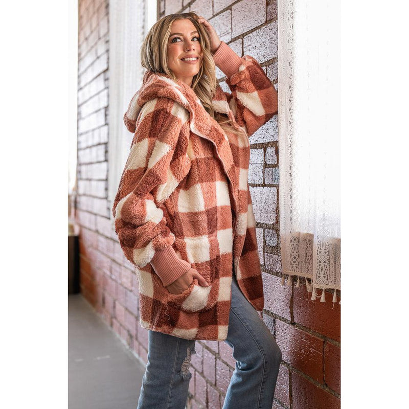 Cozy Plaid Sherpa Hoodie Cardigan (Grey or Mauve)