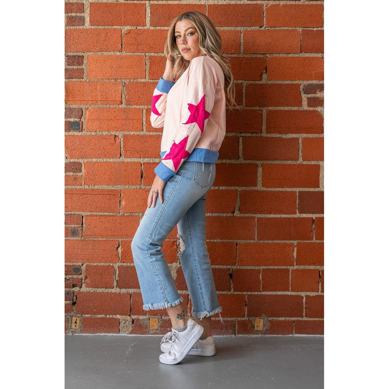 Star Sleeve Fall Top S-XL (Tan or Pink)