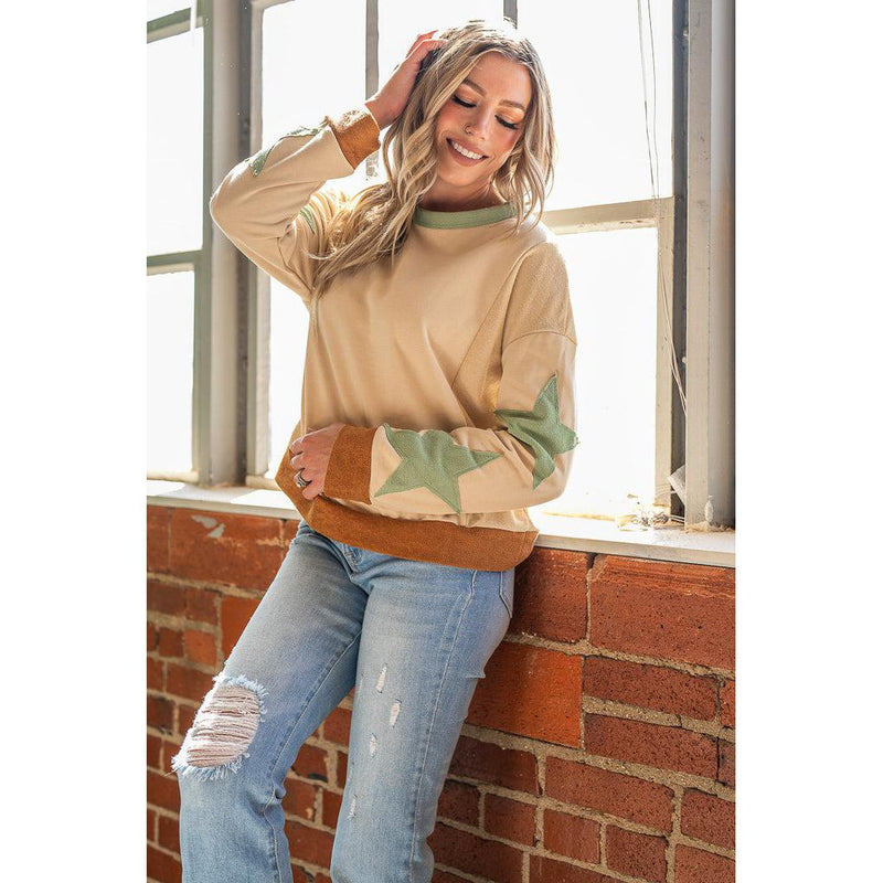 Star Sleeve Fall Top S-XL (Tan or Pink)