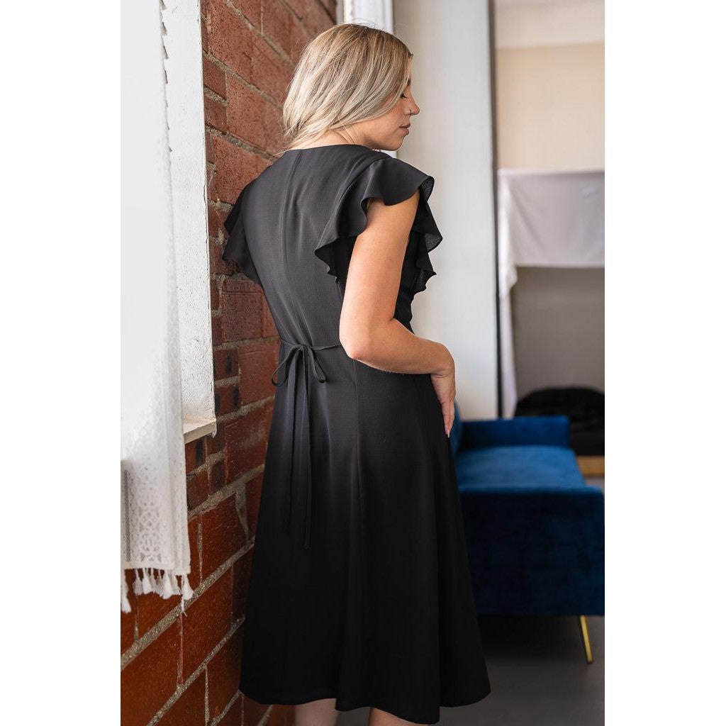 Black Midi Length Dress with Ruffle Sleeve