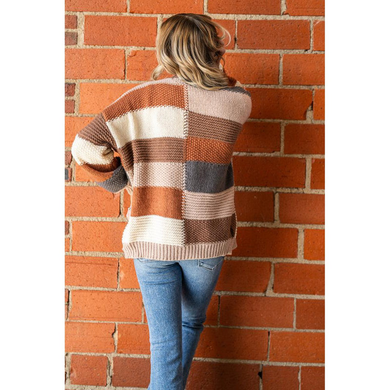 Mocha Color Block Chunky Knit Sweater Cardigan (S-XL)