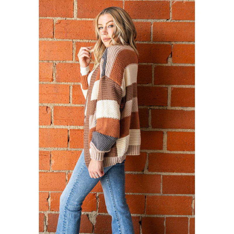 Mocha Color Block Chunky Knit Sweater Cardigan (S-XL)