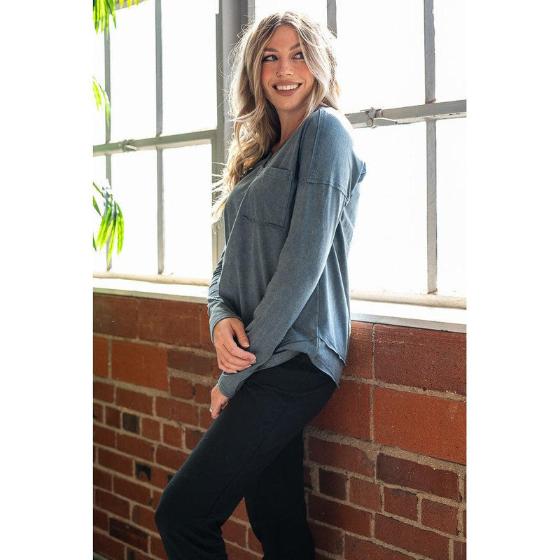 Mineral Washed Denim Blue Long Sleeve Top