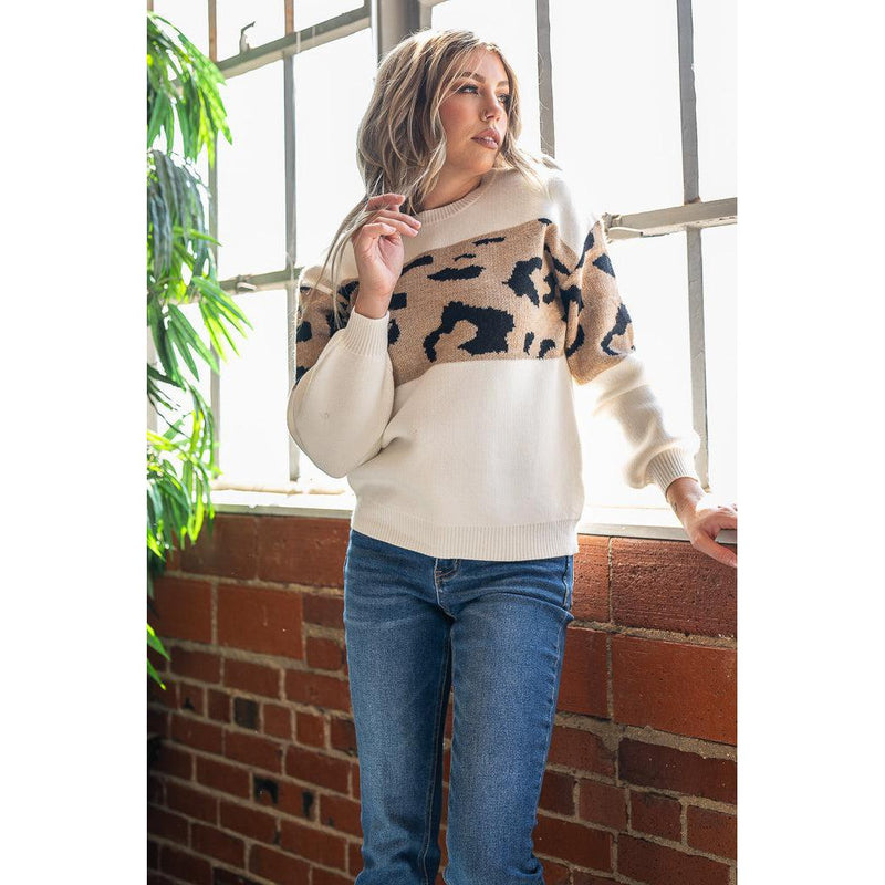 Ivory and Leopard Colorblock Sweater