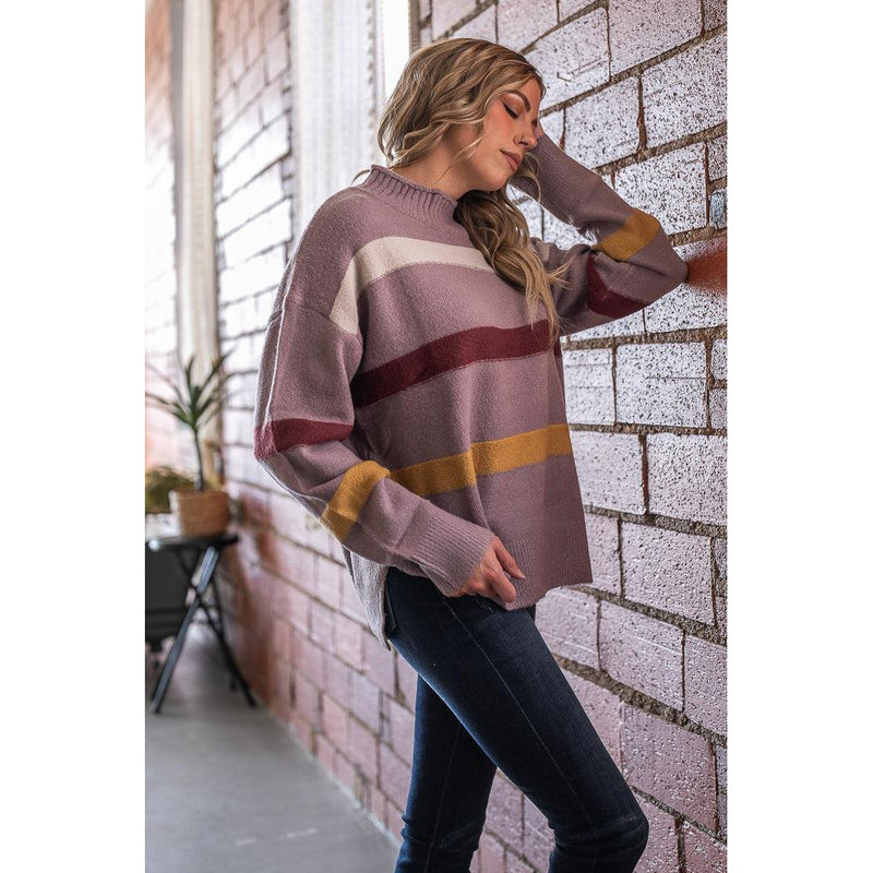 Easel Dark Lilac Fall Striped Sweater