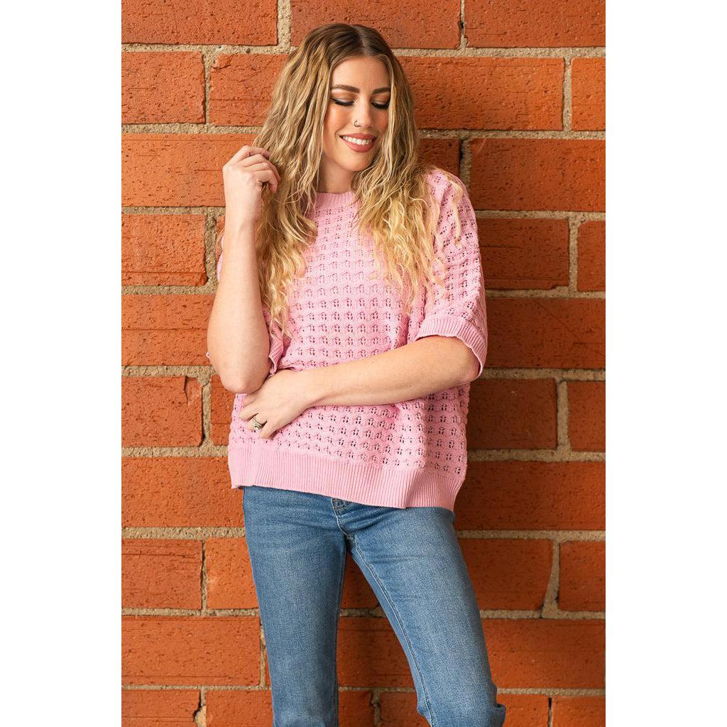 Pink Crochet Textured Knitted Sweater Top