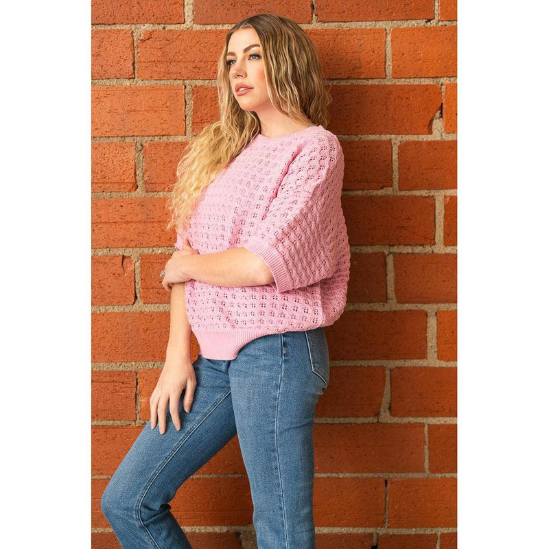 Pink Crochet Textured Knitted Sweater Top