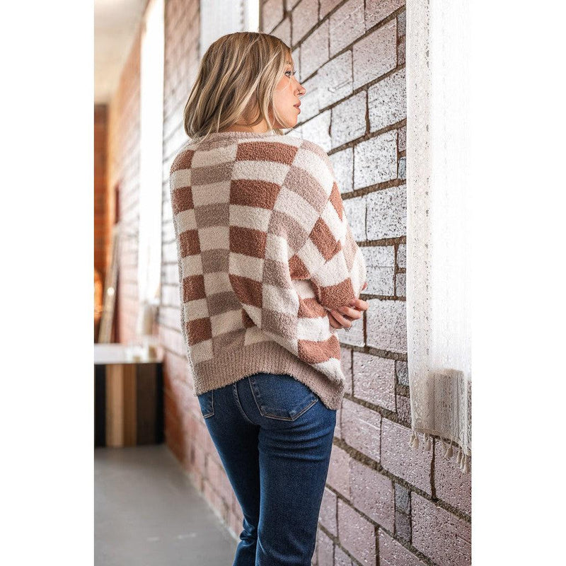 Salty Wave Mocha Checked Soft Sweater (S-2XL)