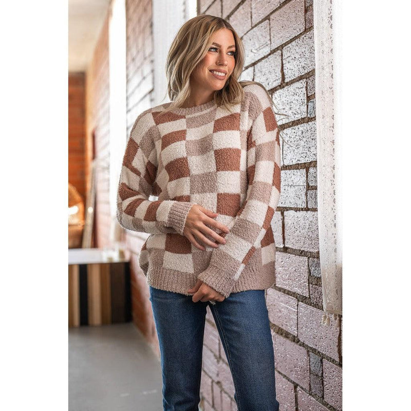 Salty Wave Mocha Checked Soft Sweater (S-2XL)