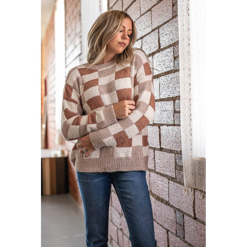 Salty Wave Mocha Checked Soft Sweater (S-2XL)