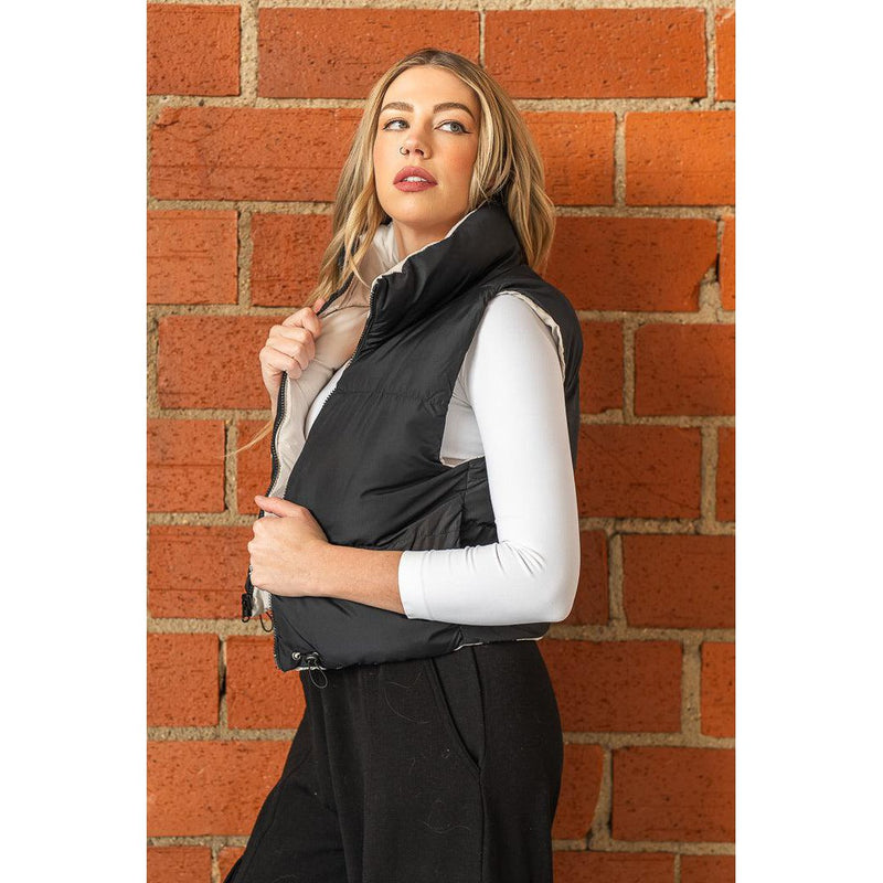 Reversible Crop Puffer Vest in Black