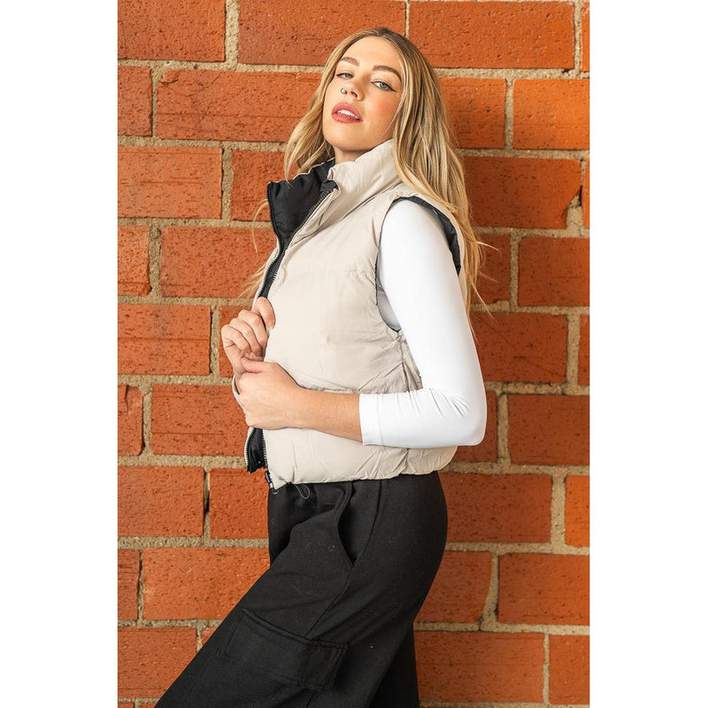 Reversible Crop Puffer Vest in Black