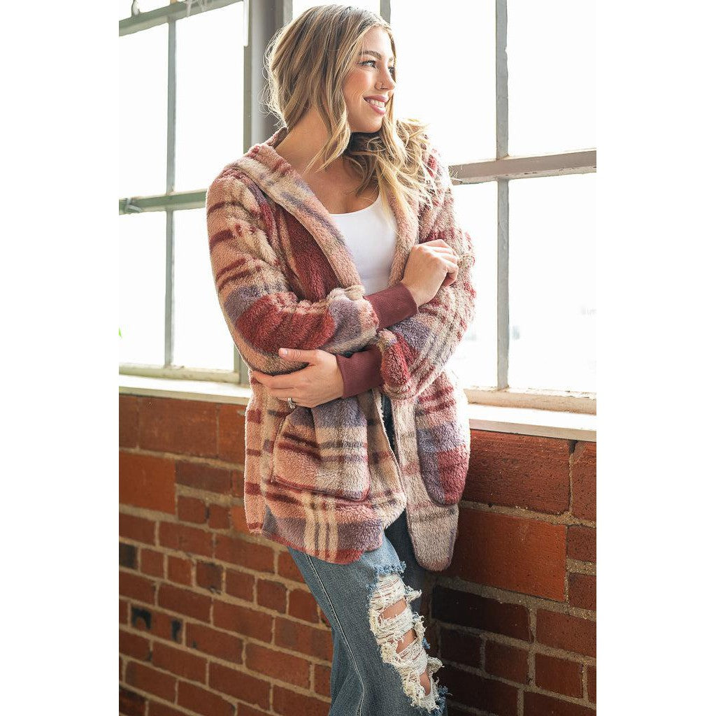 Oversized Faux Fur Hooded Jacket in Mauve Mix