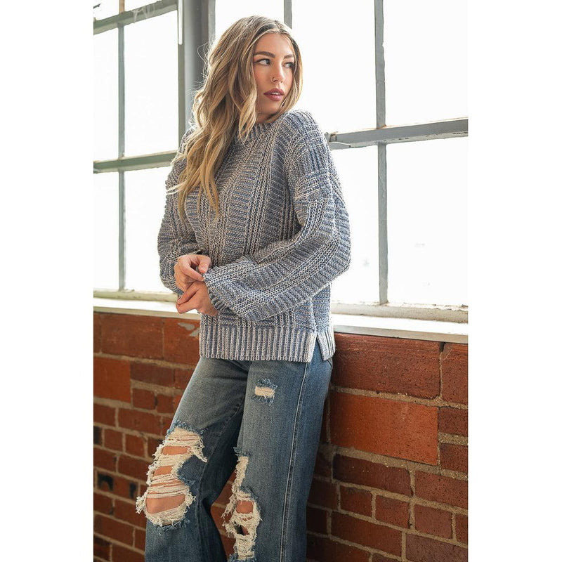 Two Tone Cozy Knit Sweater in Denim Blue