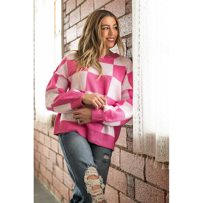 Pink and White Checker Sweater (S-XL)