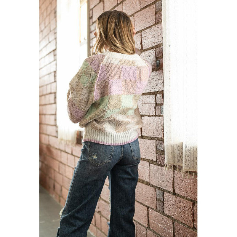 Lavender Color Block Check Knit Sweater