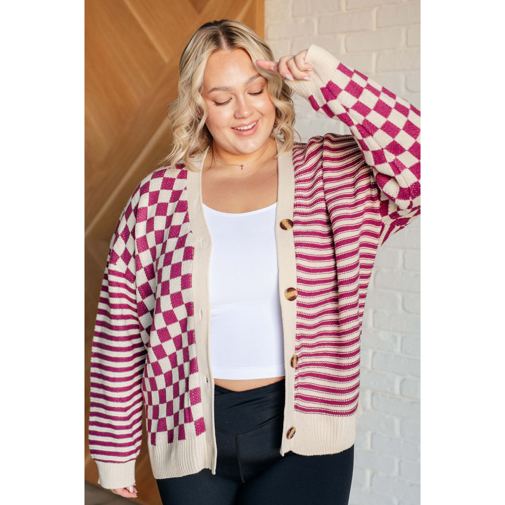 No Brainer Button Down Sweater Cardigan in Magenta/Oatmeal (S-3XL)