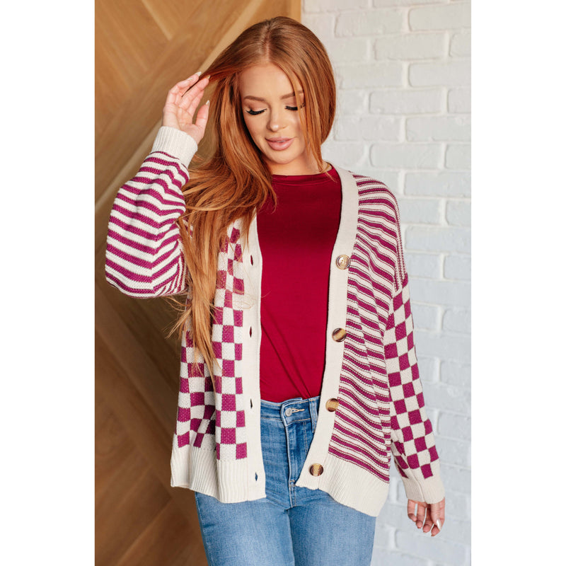 No Brainer Button Down Sweater Cardigan in Magenta/Oatmeal (S-3XL)