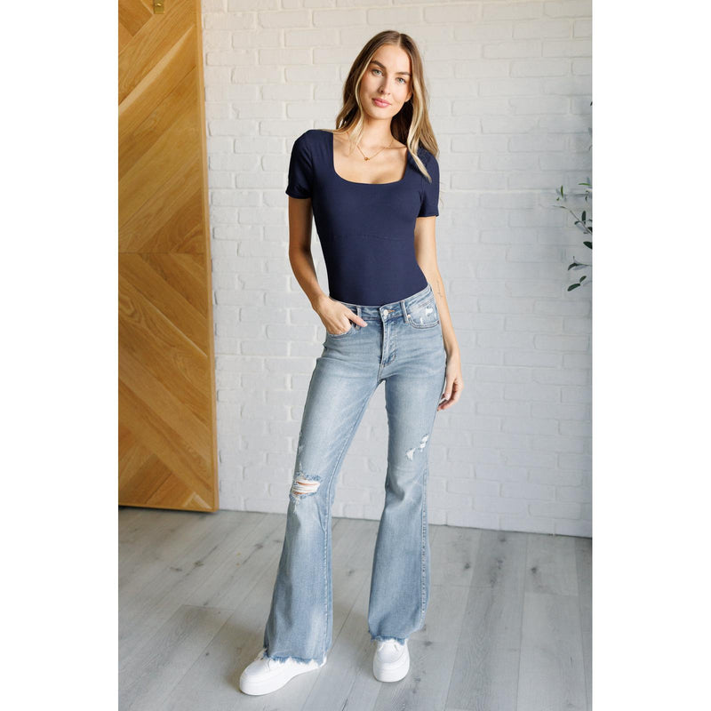 Judy Blue Caroline Mid Rise Control Top Distressed Flare Jeans