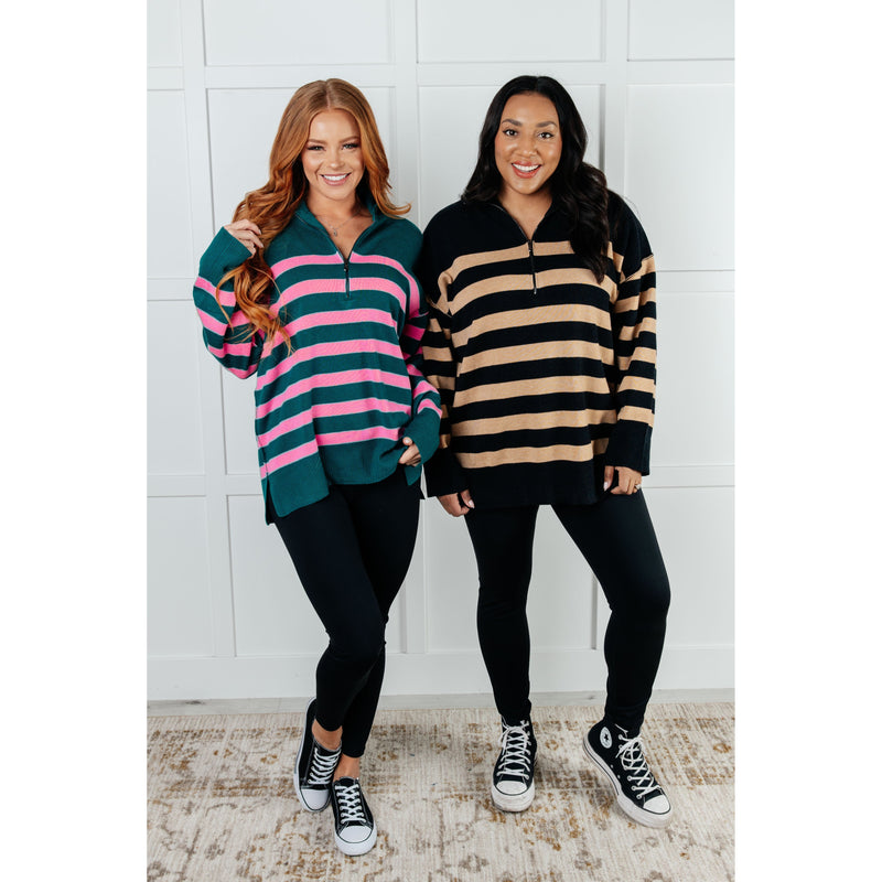 Well Situated Striped Quarter Zip Sweater in Green and Pink