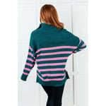 Well Situated Striped Quarter Zip Sweater in Green and Pink