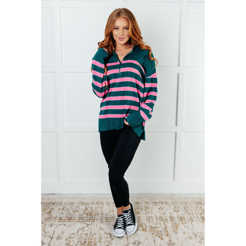 Well Situated Striped Quarter Zip Sweater in Green and Pink