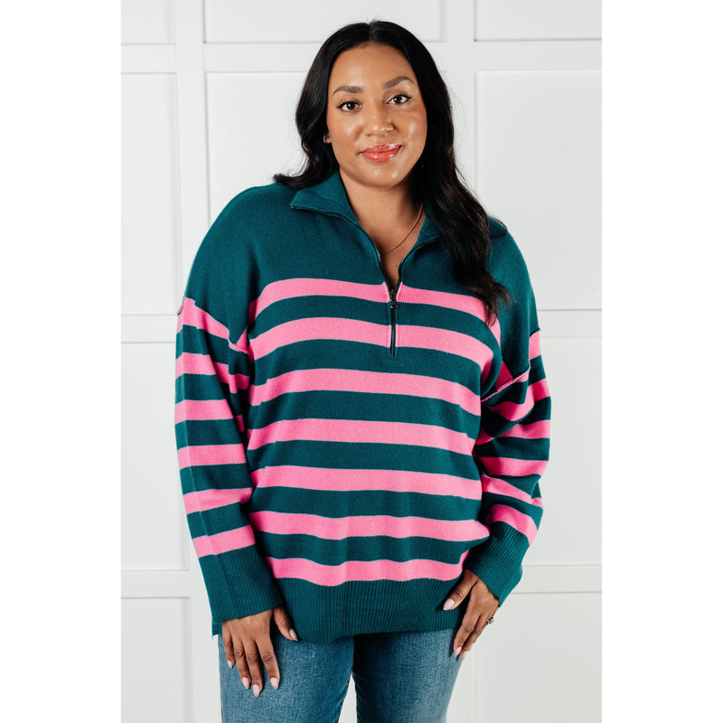 Well Situated Striped Quarter Zip Sweater in Green and Pink