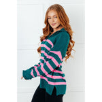 Well Situated Striped Quarter Zip Sweater in Green and Pink