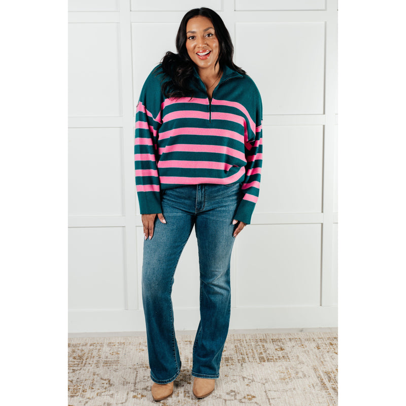 Well Situated Striped Quarter Zip Sweater in Green and Pink