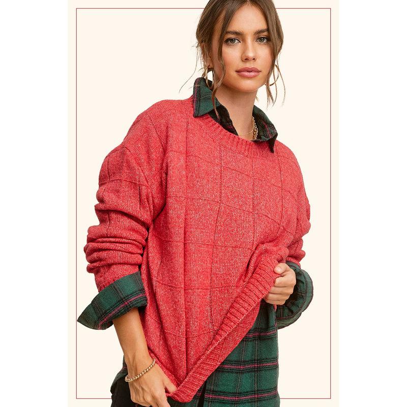 Red Ribbon Patterned Grid Sweater