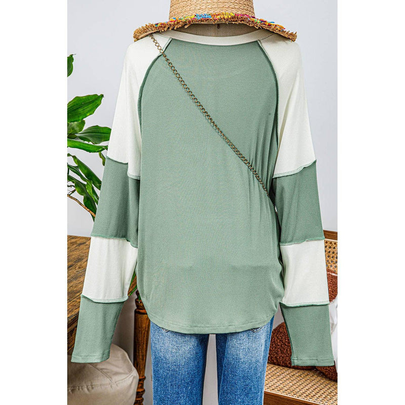 Ribbed Color Block Raglan Long Sleeve Top (S-XL)