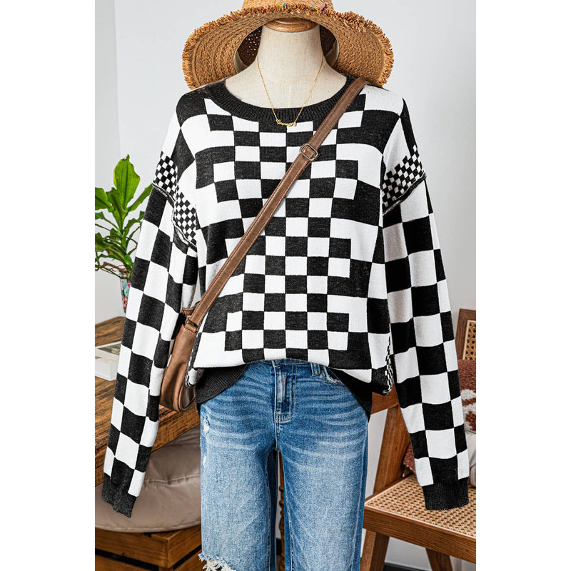 Black and White Checkered Print Sweater (S-XL)