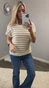 Khaki Striped Short Sleeve Knit Sweater