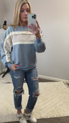 Dusty Blue Color Block Striped Lightweight Sweatshirt